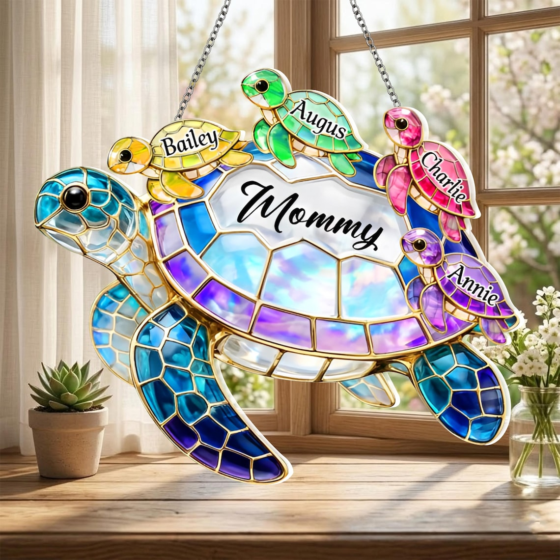 Personalized Grandma Sea Turtle Acrylic Suncatcher, Custom Family Names Hanging Window Decor, Cute Gift for Granny Mother’s Day Birthday