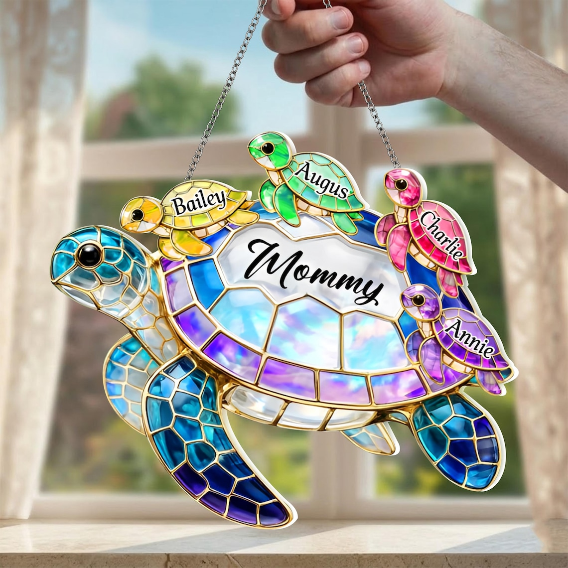 Personalized Grandma Sea Turtle Acrylic Suncatcher, Custom Family Names Hanging Window Decor, Cute Gift for Granny Mother’s Day Birthday