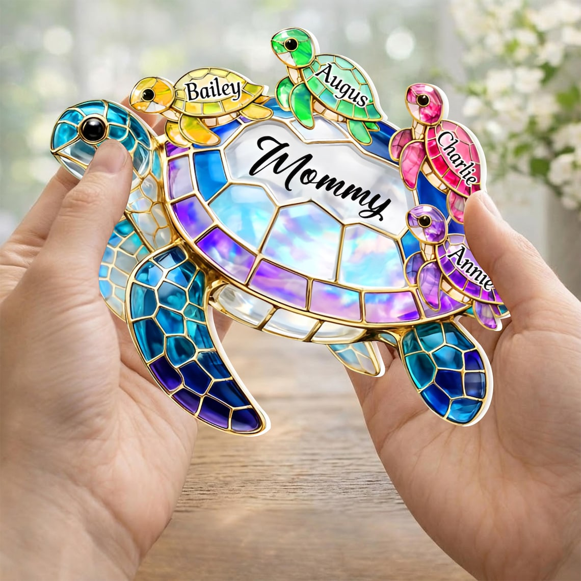 Personalized Grandma Sea Turtle Acrylic Suncatcher, Custom Family Names Hanging Window Decor, Cute Gift for Granny Mother’s Day Birthday