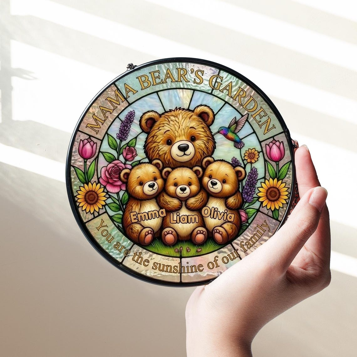 Personalized Mama Bear's Garden Stained Glass Suncatcher, Mother's Day Gift For Mom Window Hanging, Mom And Kids Bears Family Keepsake