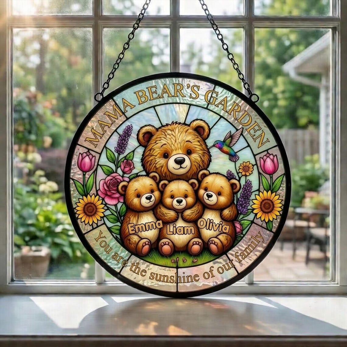 Personalized Mama Bear's Garden Stained Glass Suncatcher, Mother's Day Gift For Mom Window Hanging, Mom And Kids Bears Family Keepsake