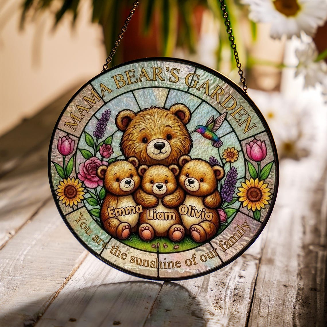 Personalized Mama Bear's Garden Stained Glass Suncatcher, Mother's Day Gift For Mom Window Hanging, Mom And Kids Bears Family Keepsake