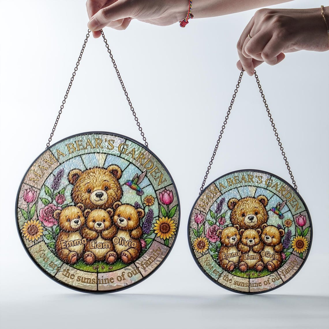 Personalized Mama Bear's Garden Stained Glass Suncatcher, Mother's Day Gift For Mom Window Hanging, Mom And Kids Bears Family Keepsake