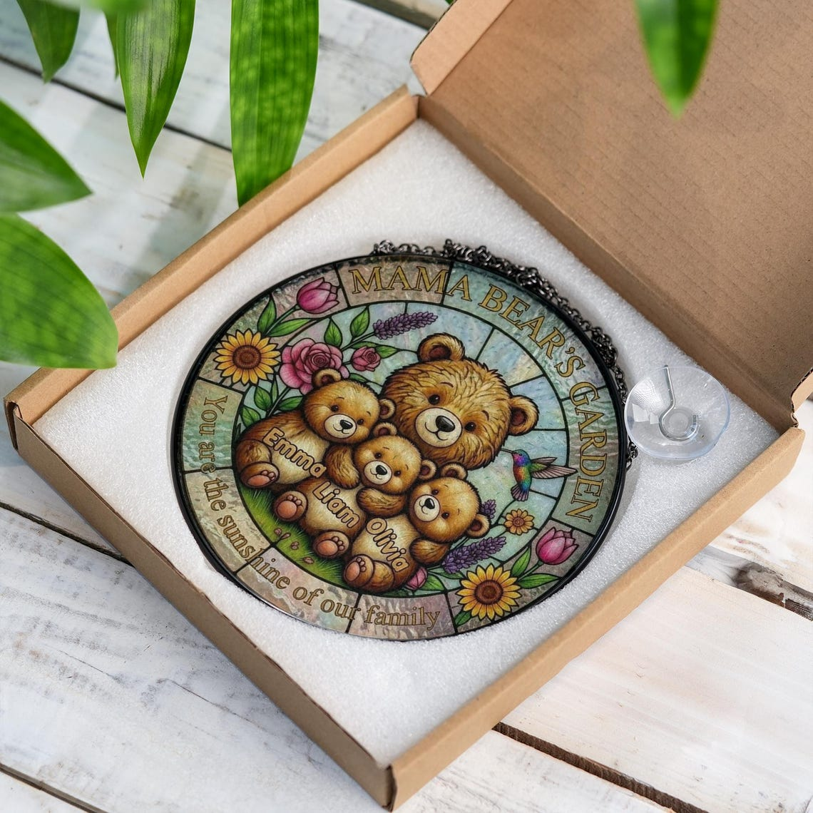Personalized Mama Bear's Garden Stained Glass Suncatcher, Mother's Day Gift For Mom Window Hanging, Mom And Kids Bears Family Keepsake
