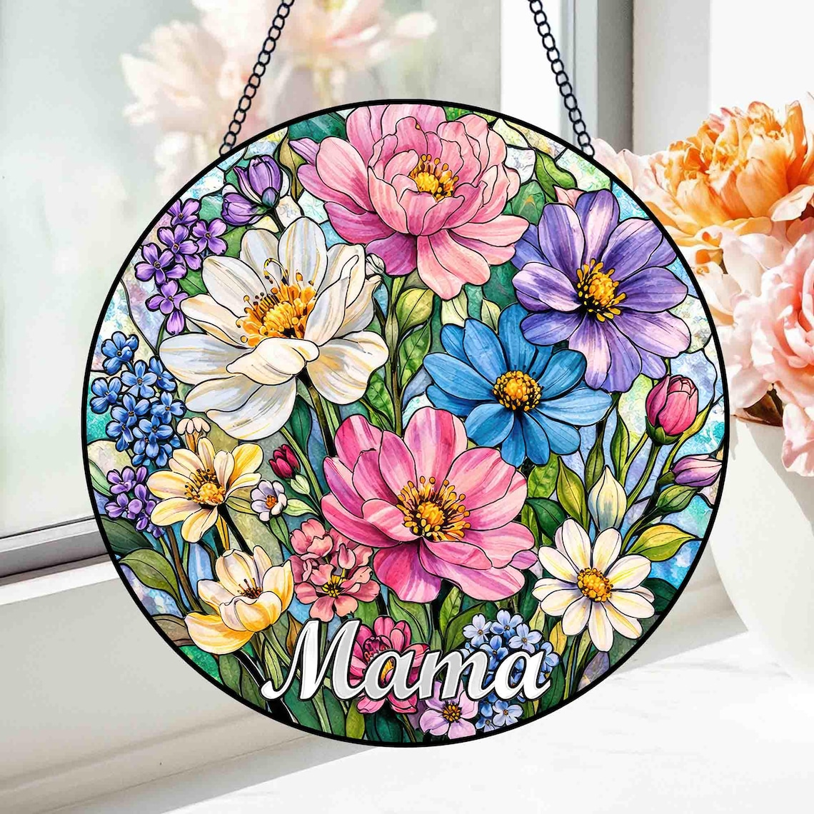 Personalized Mama Garden Suncatcher, Custom Family Birth Flower Window Hanging Gift for Mom Grandma, Floral Window Decor, Mother’s Day Gift