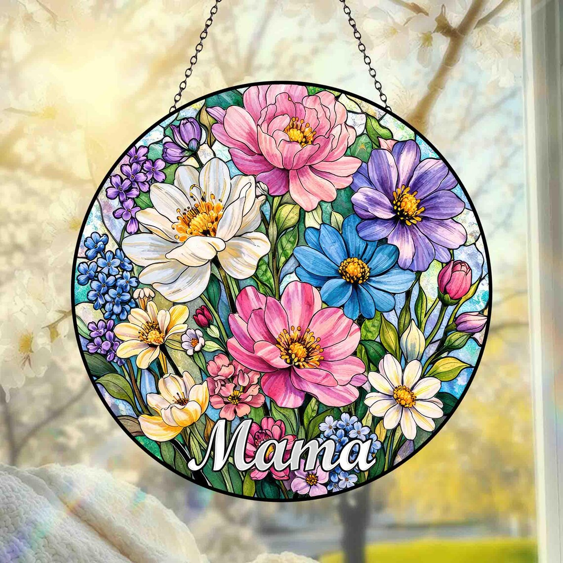 Personalized Mama Garden Suncatcher, Custom Family Birth Flower Window Hanging Gift for Mom Grandma, Floral Window Decor, Mother’s Day Gift