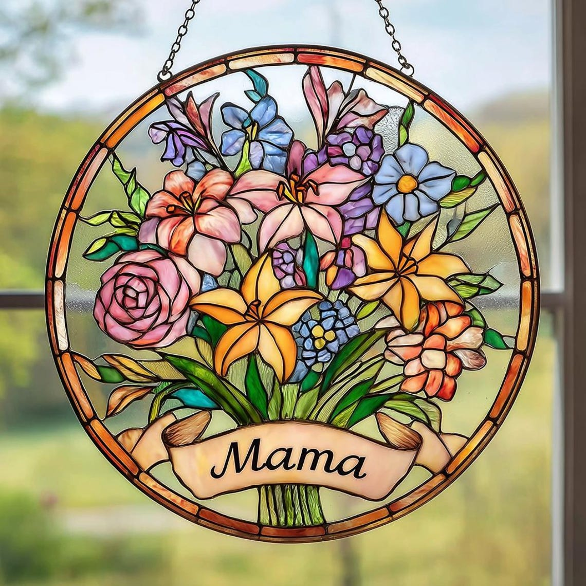 Personalized Mom Birth Flower Suncatcher Stained Glass Window Hanging Mother Day Gift