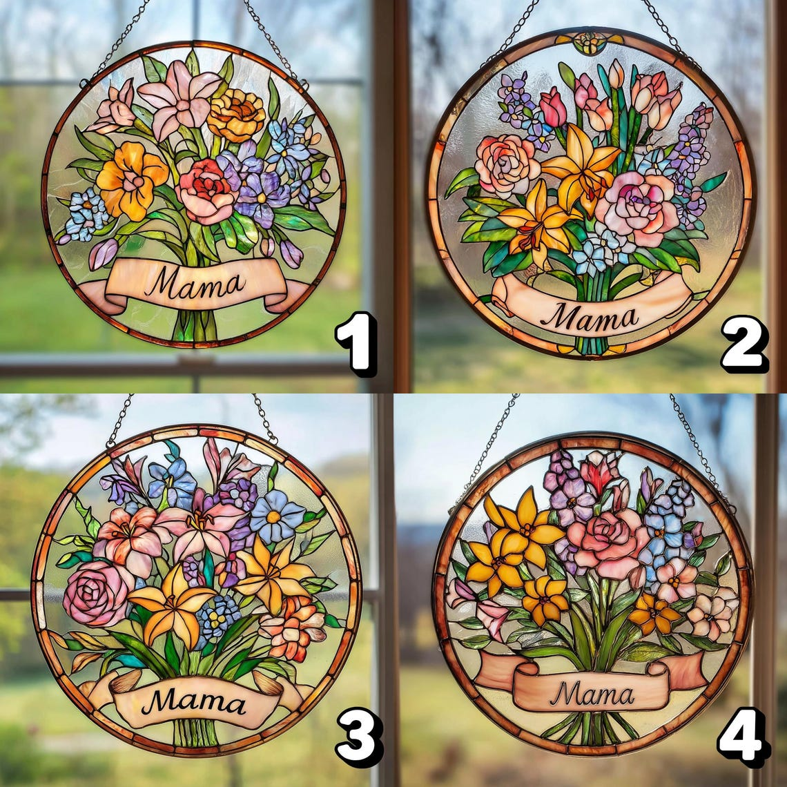 Personalized Mom Birth Flower Suncatcher Stained Glass Window Hanging Mother Day Gift
