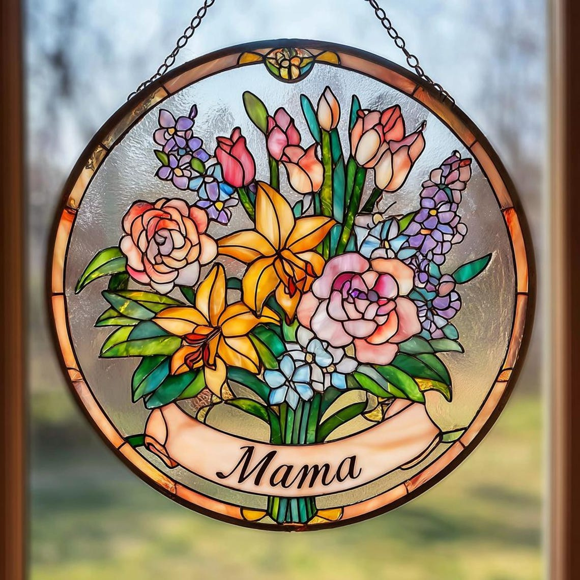 Personalized Mom Birth Flower Suncatcher Stained Glass Window Hanging Mother Day Gift