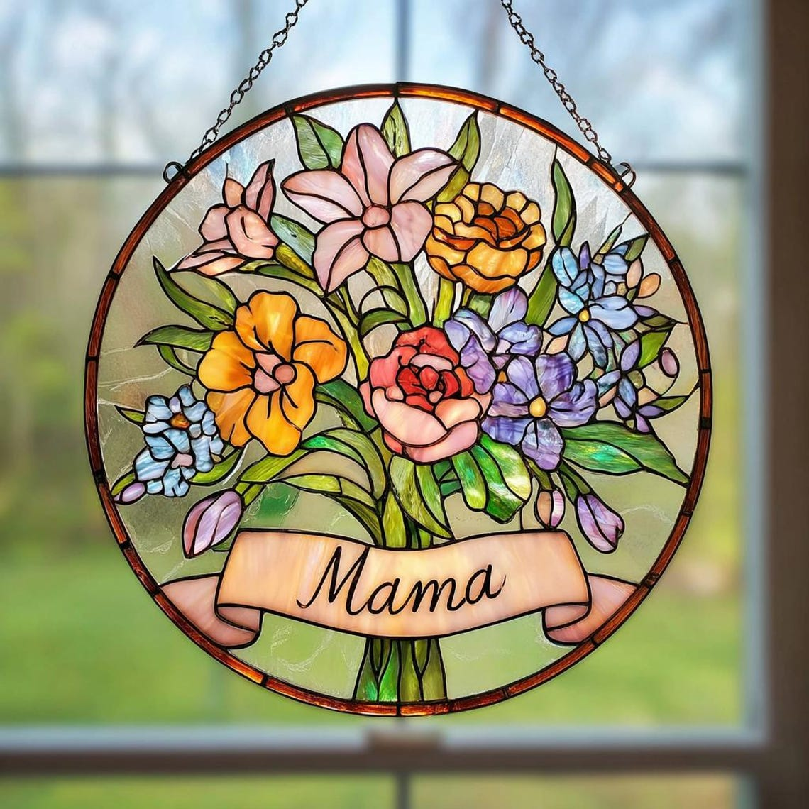 Personalized Mom Birth Flower Suncatcher Stained Glass Window Hanging Mother Day Gift