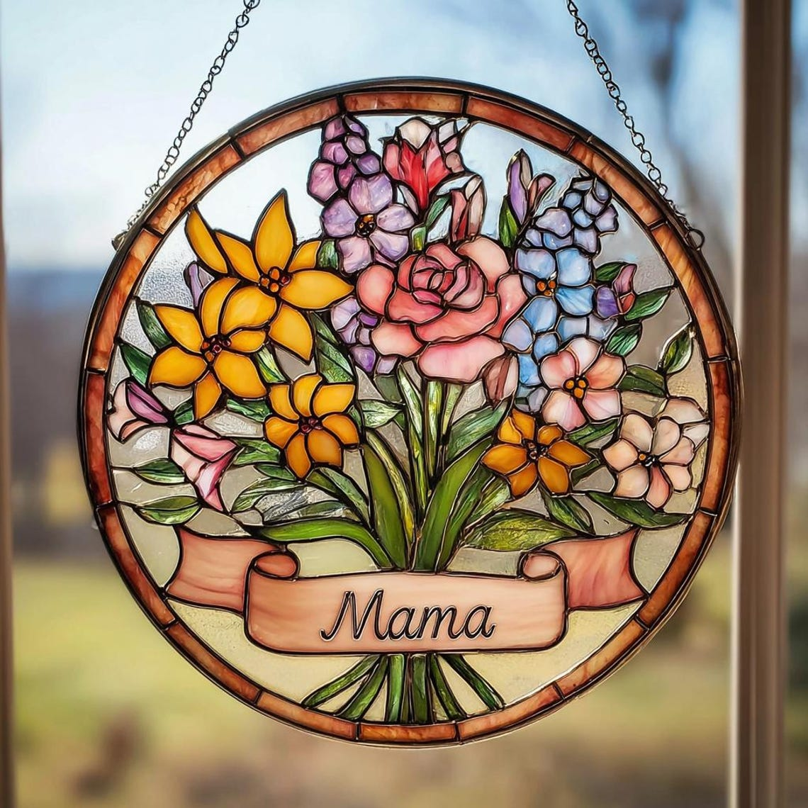Personalized Mom Birth Flower Suncatcher Stained Glass Window Hanging Mother Day Gift