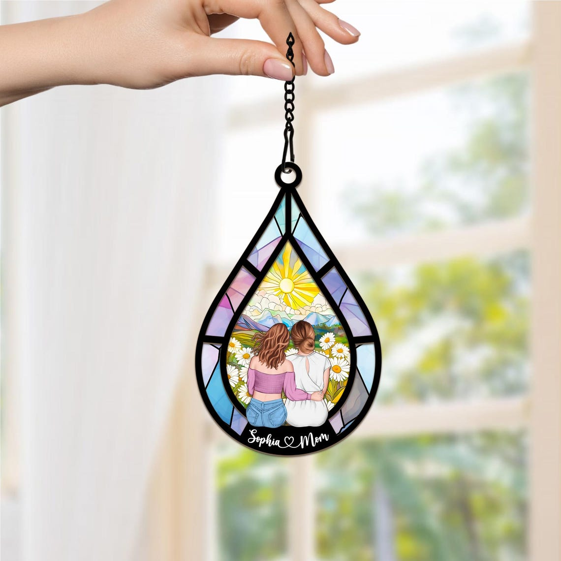 Mother's Day Gift For Mom, Personalized Window Hanging Suncatcher Ornament, Custom Mother and Daughter on Teardrop Suncatcher, Keepsake Gift