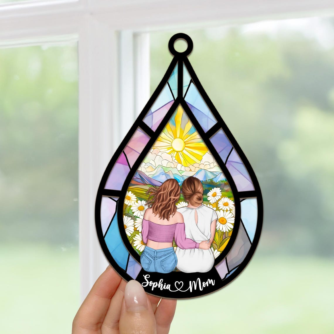 Mother's Day Gift For Mom, Personalized Window Hanging Suncatcher Ornament, Custom Mother and Daughter on Teardrop Suncatcher, Keepsake Gift
