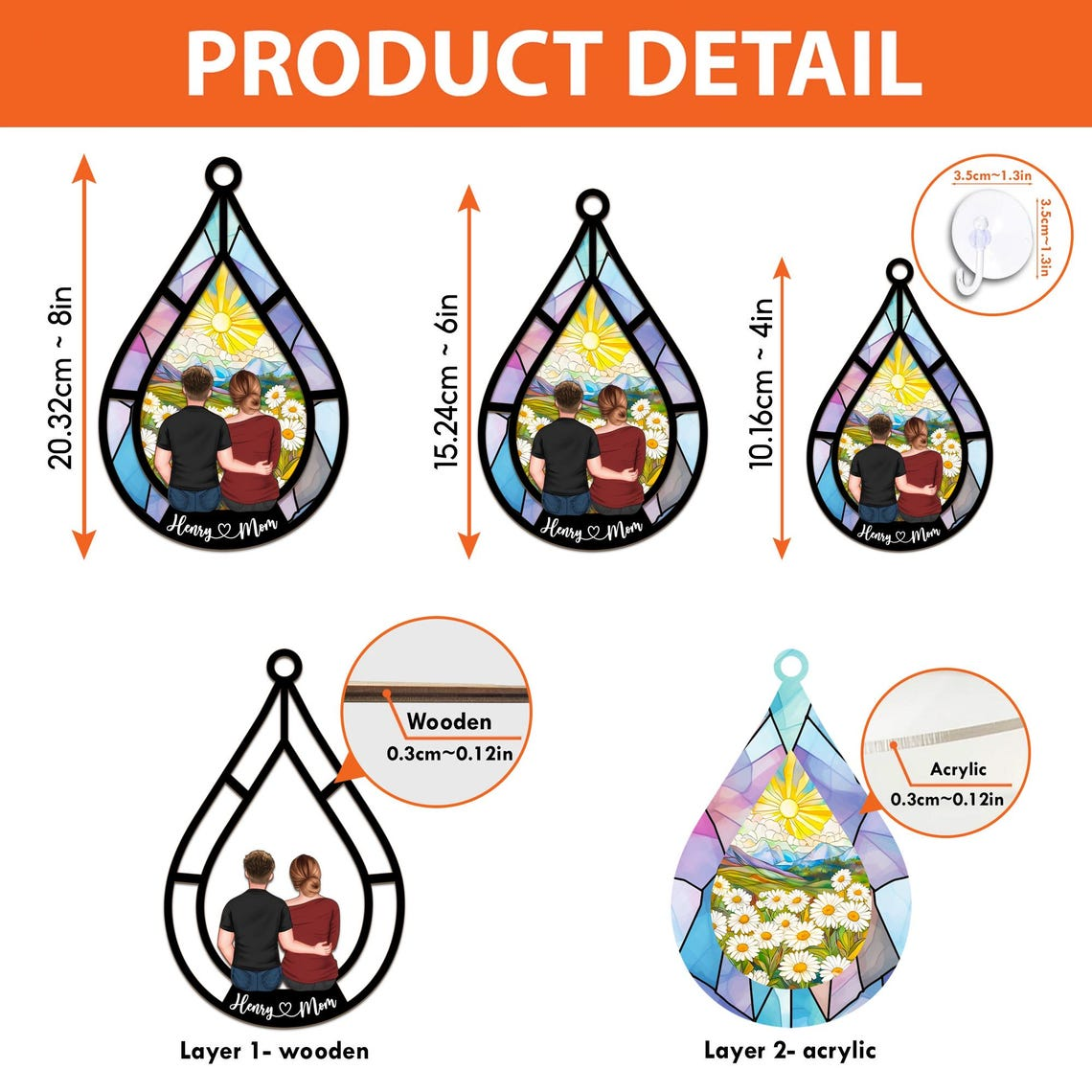 Mother's Day Gift For Mom, Personalized Window Hanging Suncatcher Ornament, Custom Mother and Daughter on Teardrop Suncatcher, Keepsake Gift