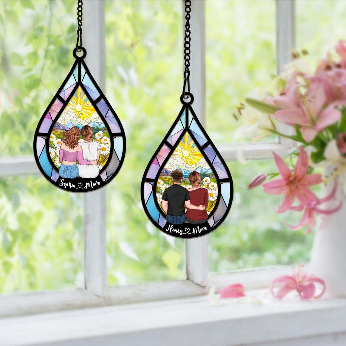 Mother's Day Gift For Mom, Personalized Window Hanging Suncatcher Ornament, Custom Mother and Daughter on Teardrop Suncatcher, Keepsake Gift