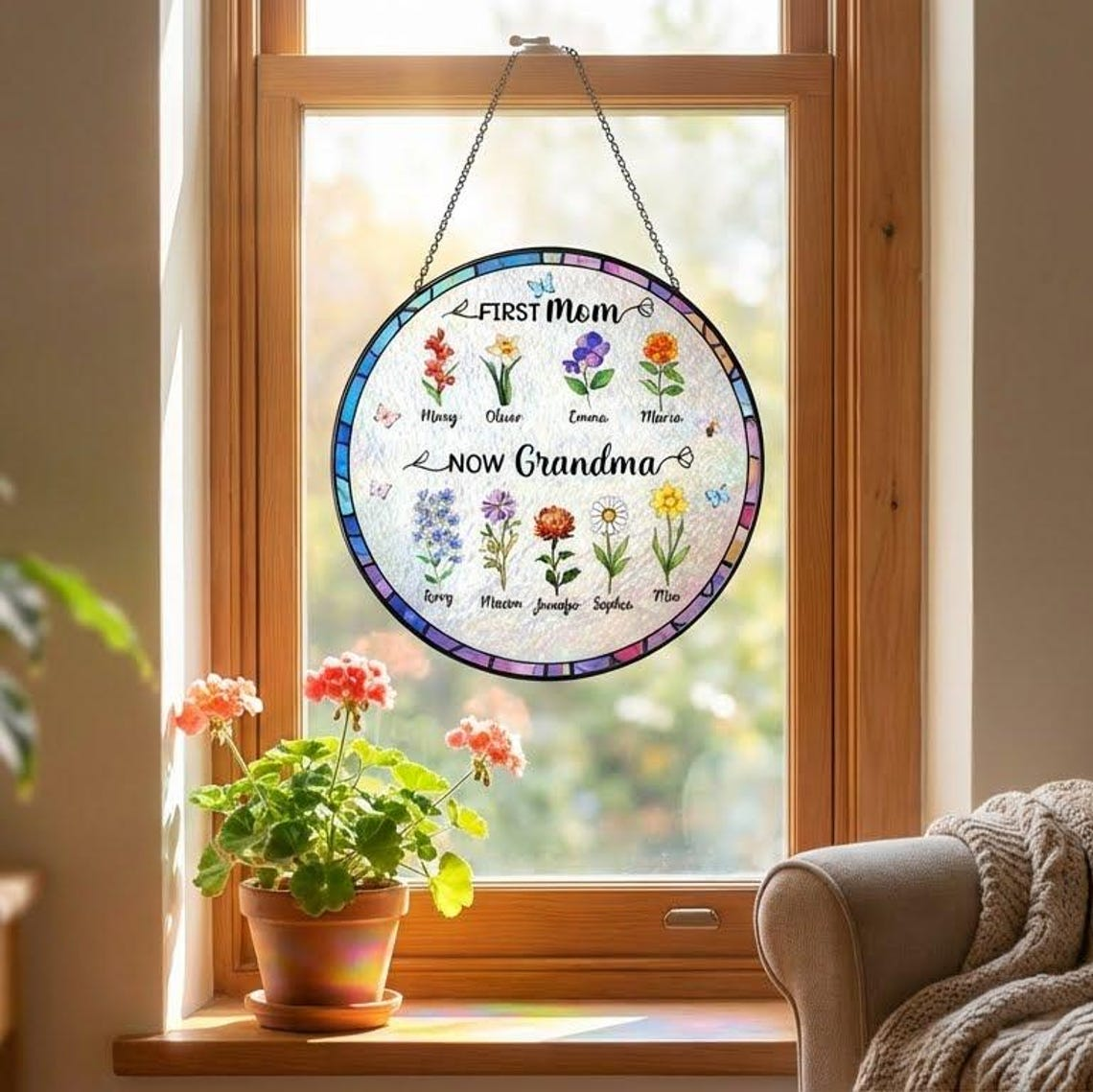 Custom Birth Flower Suncatcher for Mom & Grandma, Personalized Stained Glass Window Decor