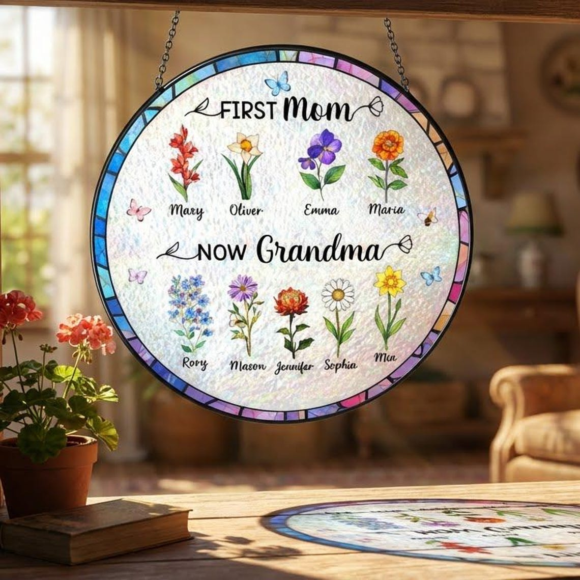 Custom Birth Flower Suncatcher for Mom & Grandma, Personalized Stained Glass Window Decor