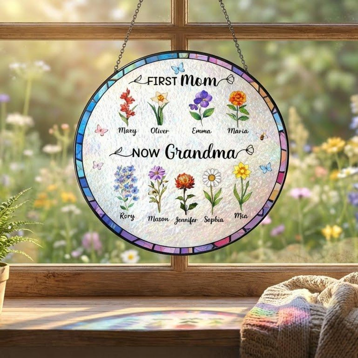 Custom Birth Flower Suncatcher for Mom & Grandma, Personalized Stained Glass Window Decor