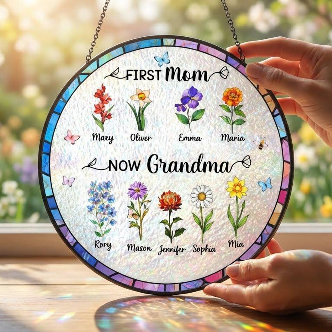 Custom Birth Flower Suncatcher for Mom & Grandma, Personalized Stained Glass Window Decor