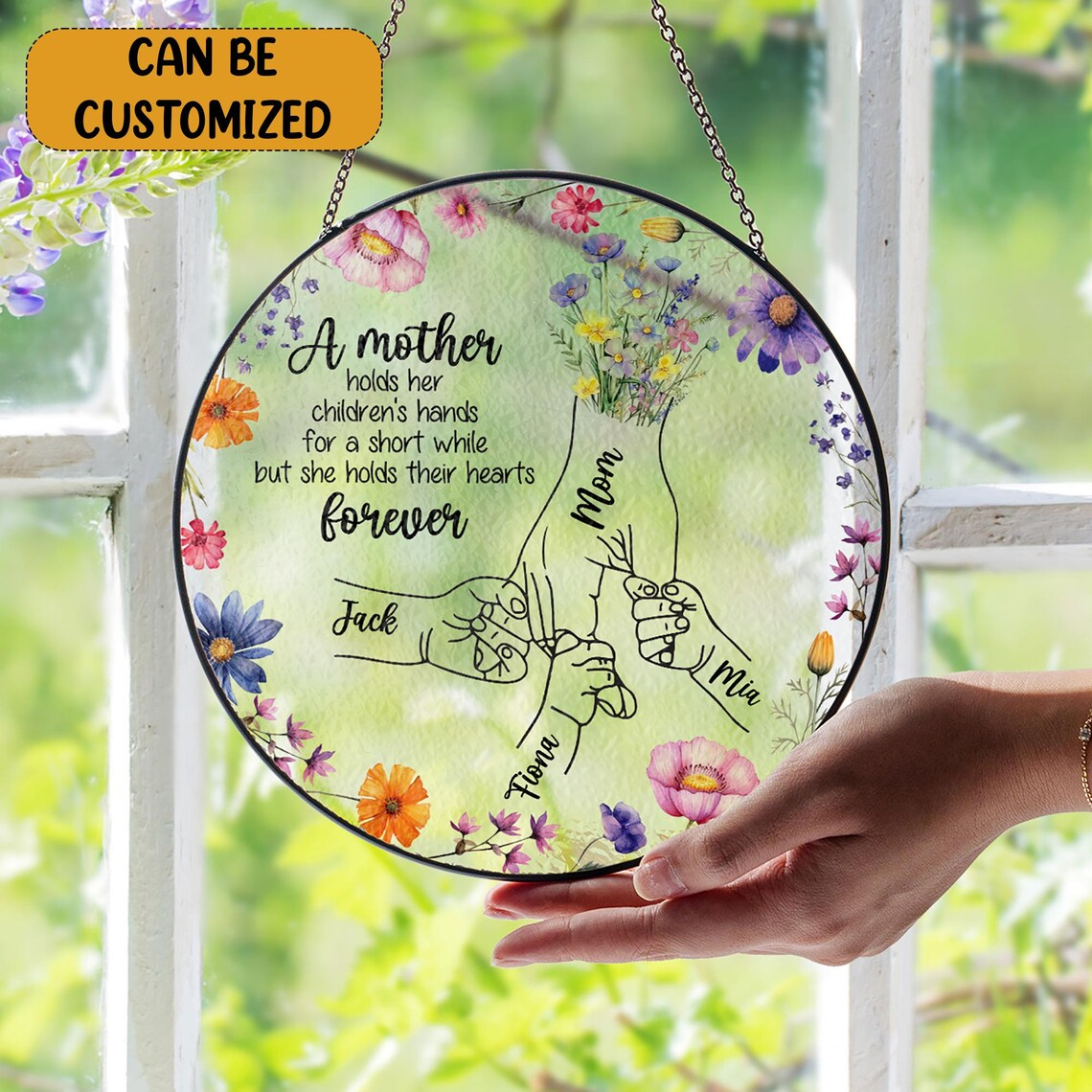 Personalized Holding Hands Glass Suncatcher Mother's Day Ornament