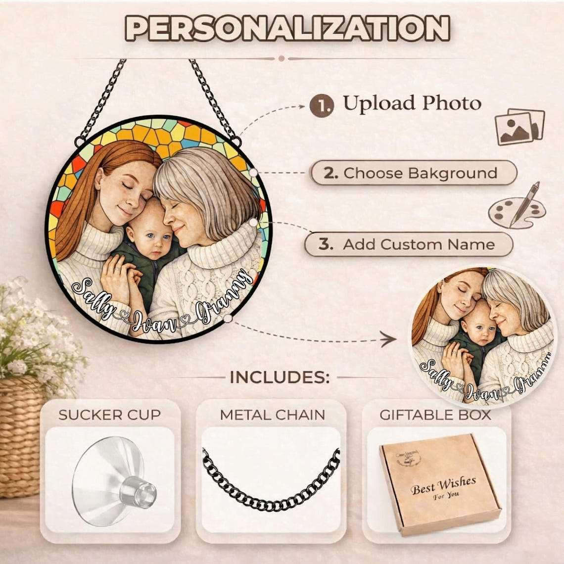 Family Suncatcher Custom Birth flower suncatcher Portrait from photo Pet memorial gift keepsake gift Custom Stained glass Mother's Day Gift