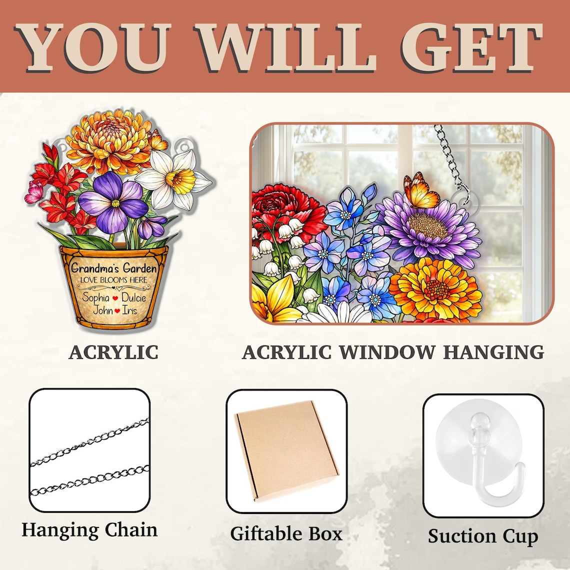 Personalized Grandma's Garden Suncatcher Ornament, Mother's Day Gifts For Grandma, Nana Birth Month Flower Acrylic Suncatchers, Mom Gift