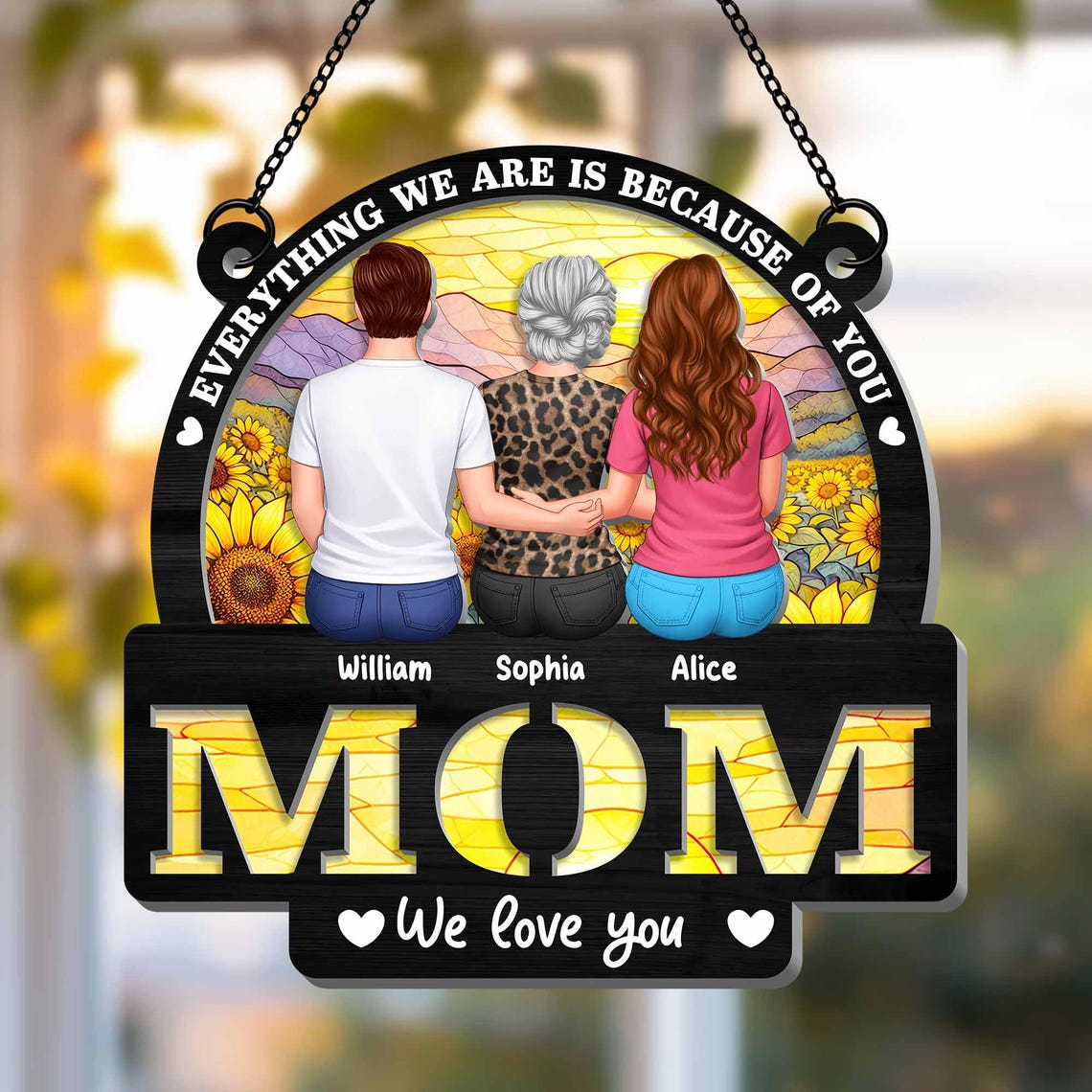 Personalized Mom Suncatcher, Custom Kids Names Sunflower Stained Glass Style Ornament