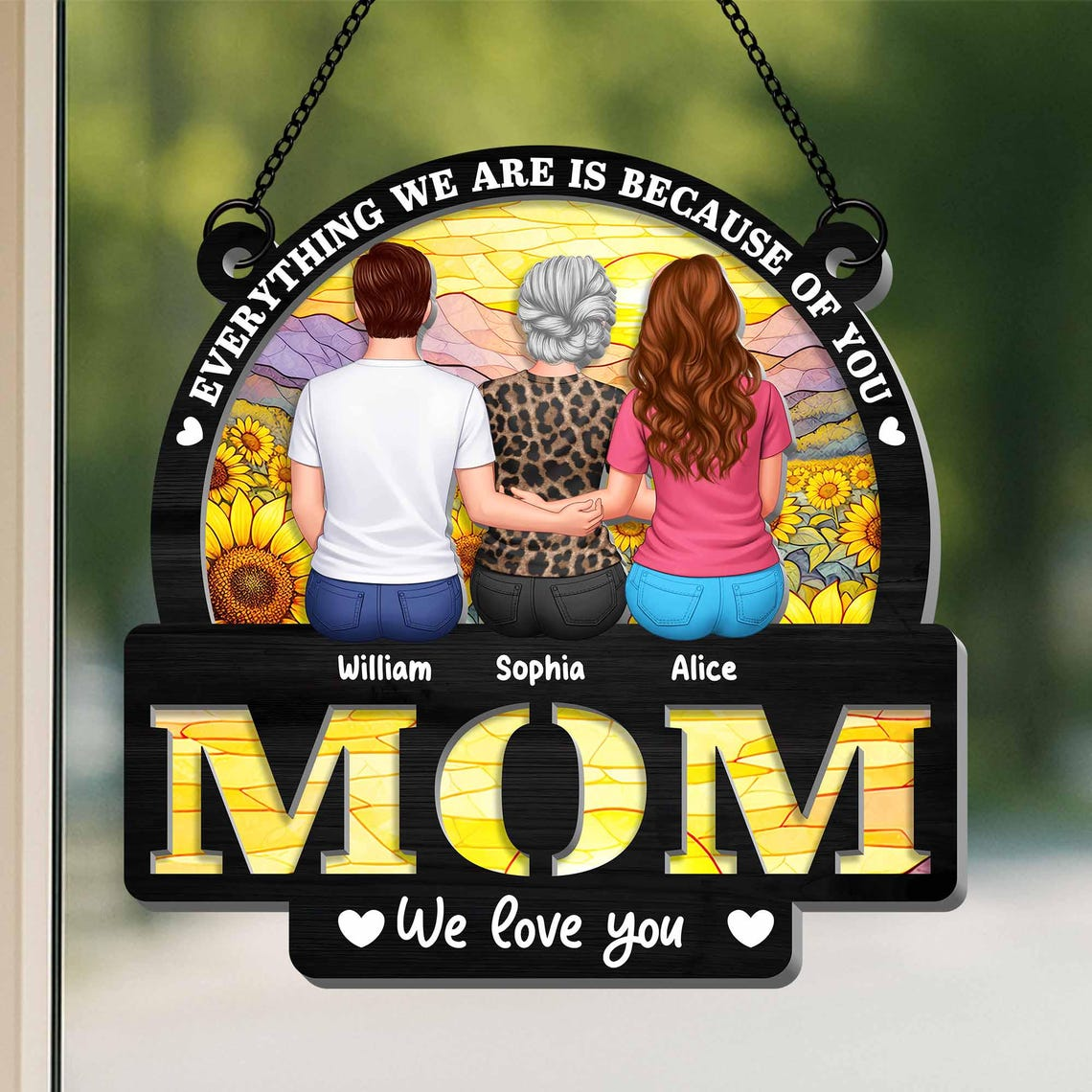 Personalized Mom Suncatcher, Custom Kids Names Sunflower Stained Glass Style Ornament