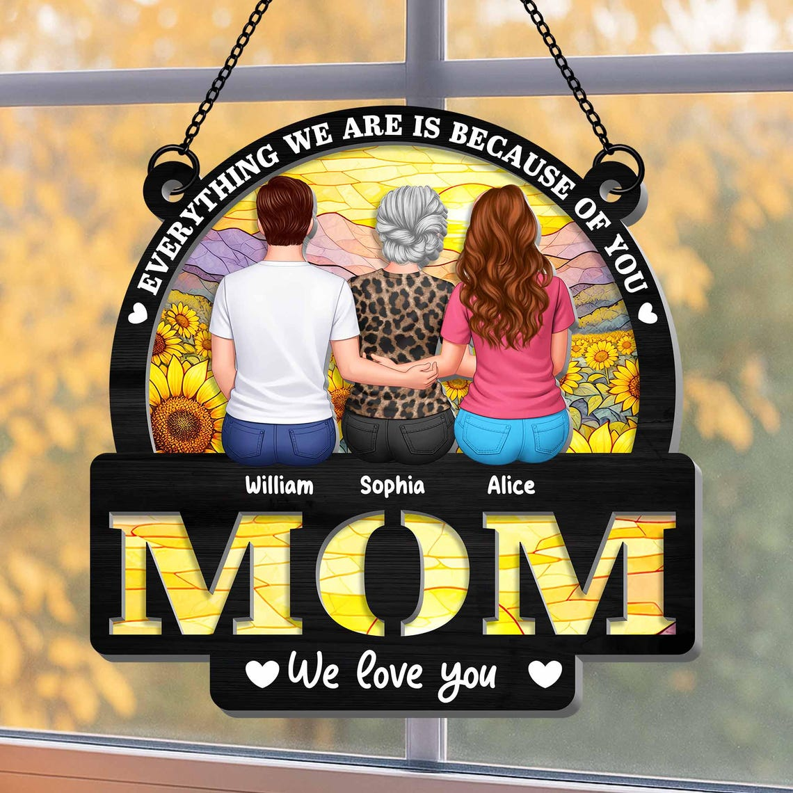 Personalized Mom Suncatcher, Custom Kids Names Sunflower Stained Glass Style Ornament
