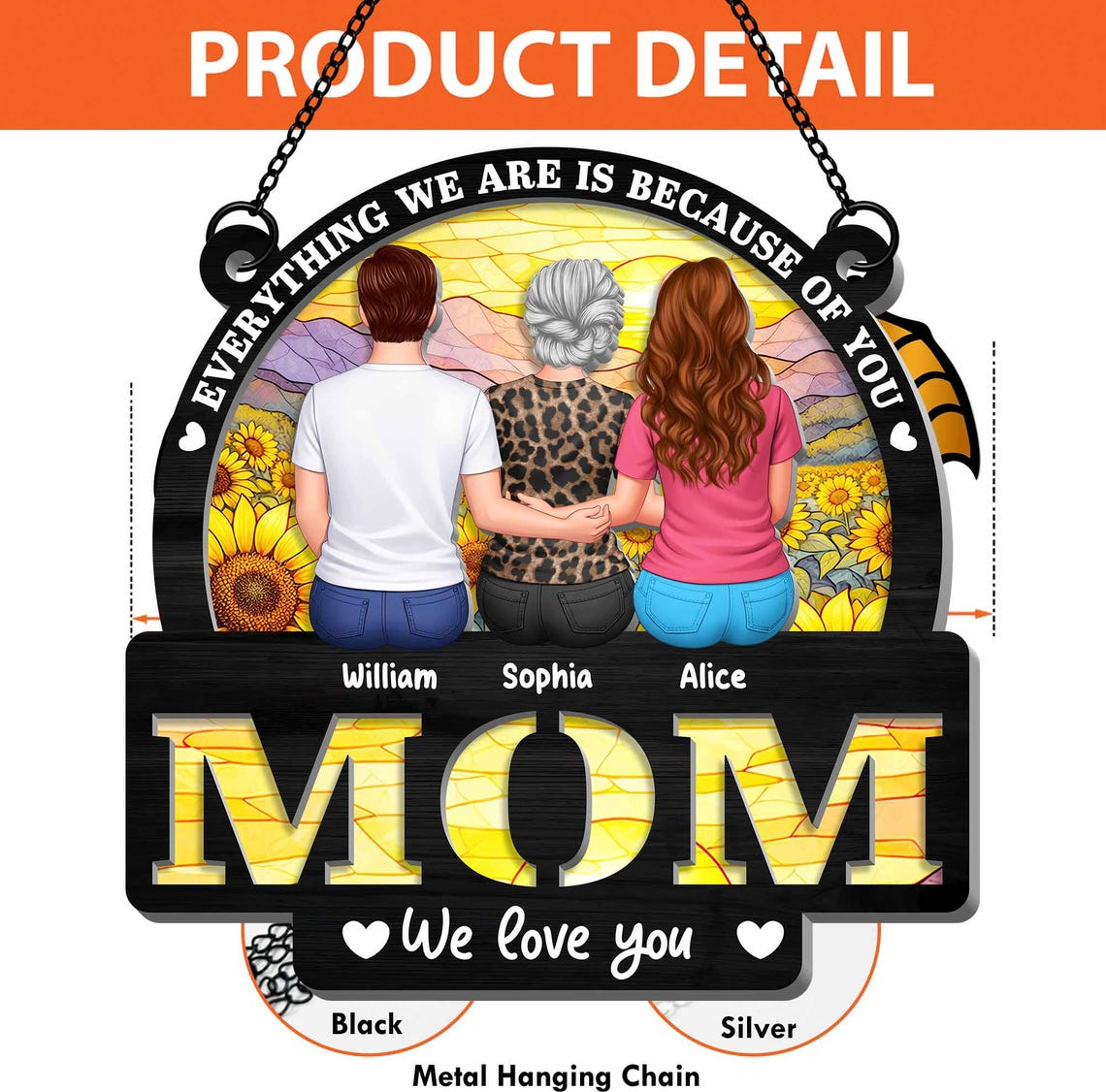 Personalized Mom Suncatcher, Custom Kids Names Sunflower Stained Glass Style Ornament