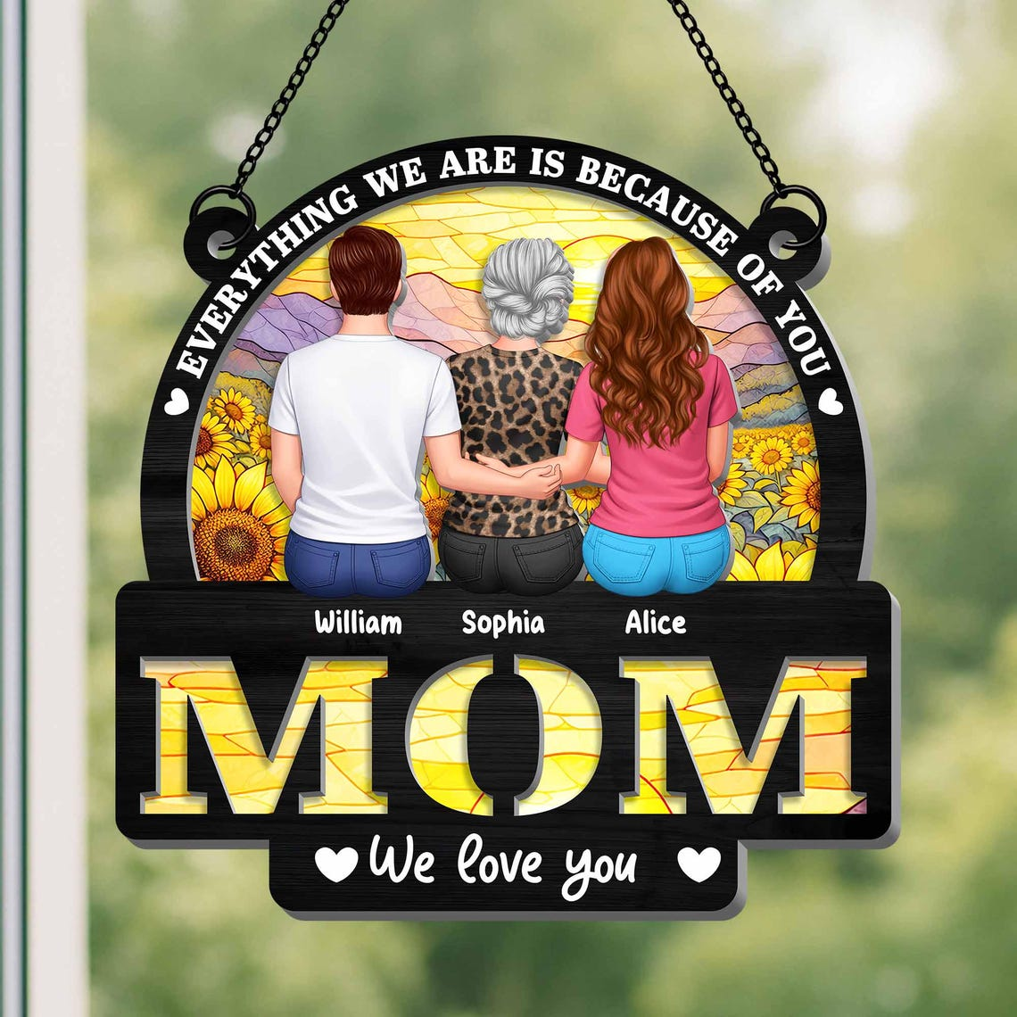 Personalized Mom Suncatcher, Custom Kids Names Sunflower Stained Glass Style Ornament