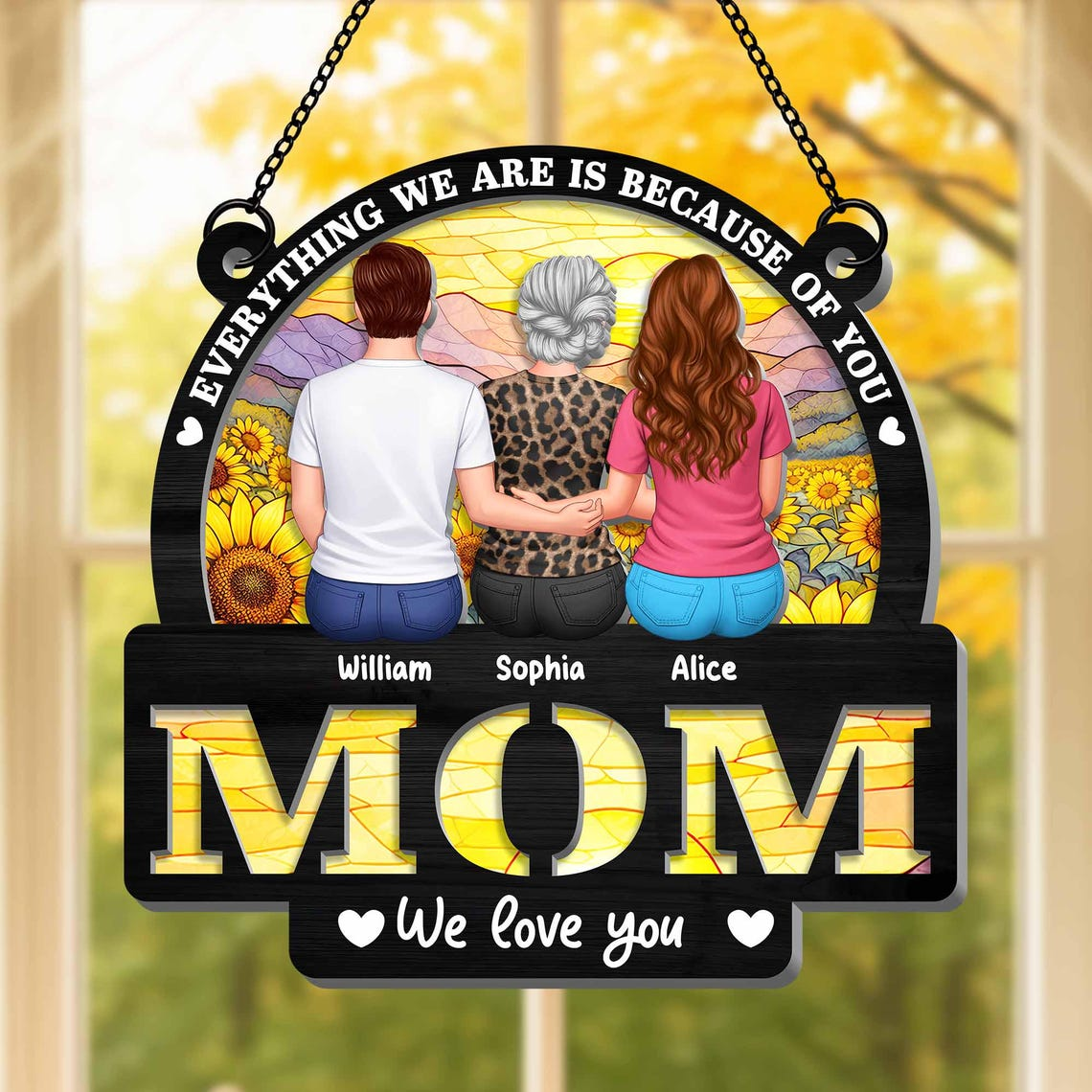 Personalized Mom Suncatcher, Custom Kids Names Sunflower Stained Glass Style Ornament