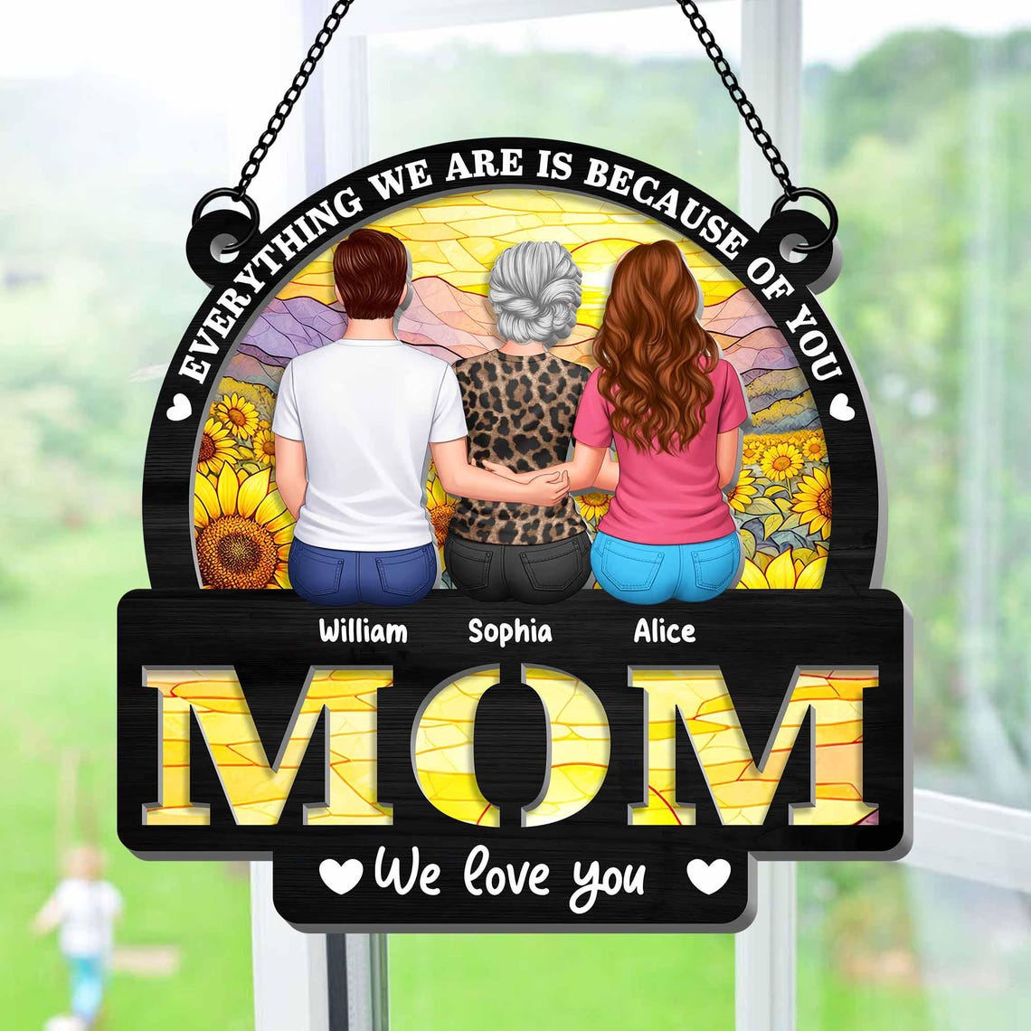Personalized Mom Suncatcher, Custom Kids Names Sunflower Stained Glass Style Ornament