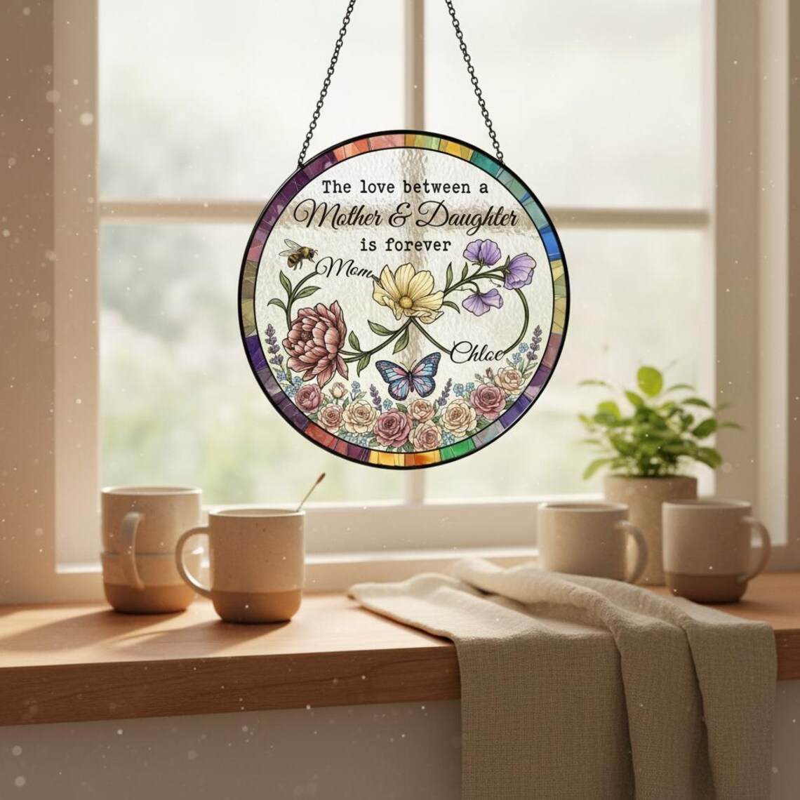 Mother and Daughter Personalized Suncatcher – Custom Floral Stained Glass, Gift for Mom and Daughter, Mother’s Day Gift