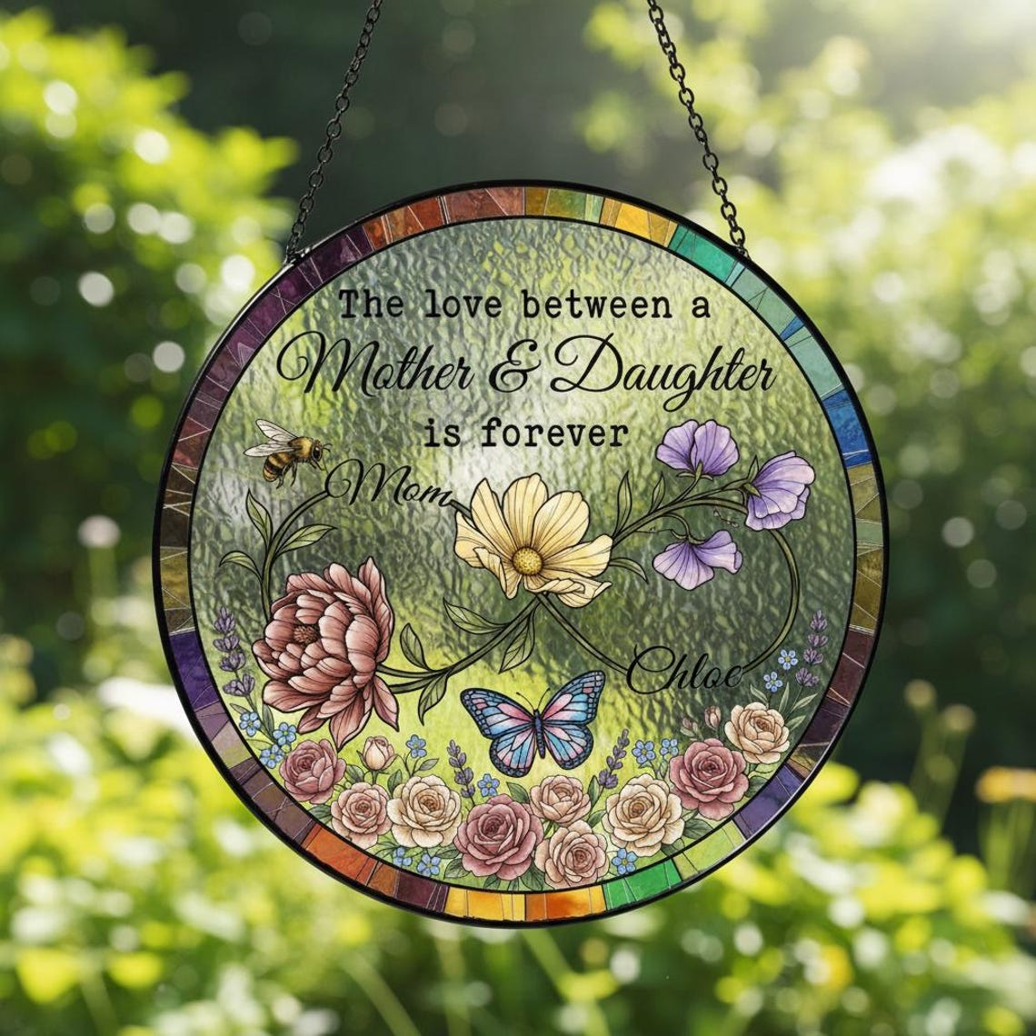 Mother and Daughter Personalized Suncatcher – Custom Floral Stained Glass, Gift for Mom and Daughter, Mother’s Day Gift