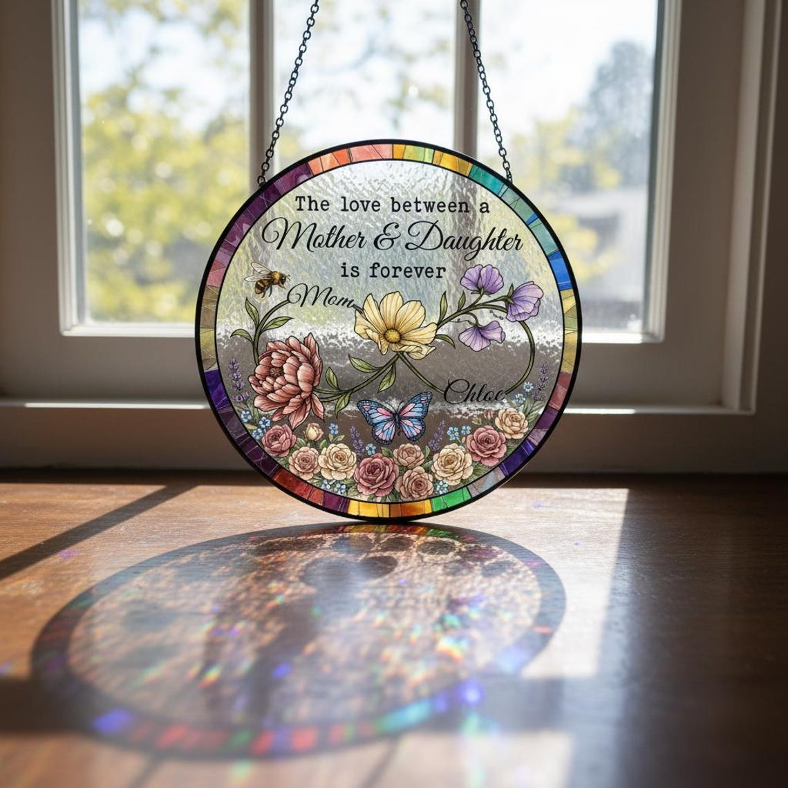 Mother and Daughter Personalized Suncatcher – Custom Floral Stained Glass, Gift for Mom and Daughter, Mother’s Day Gift