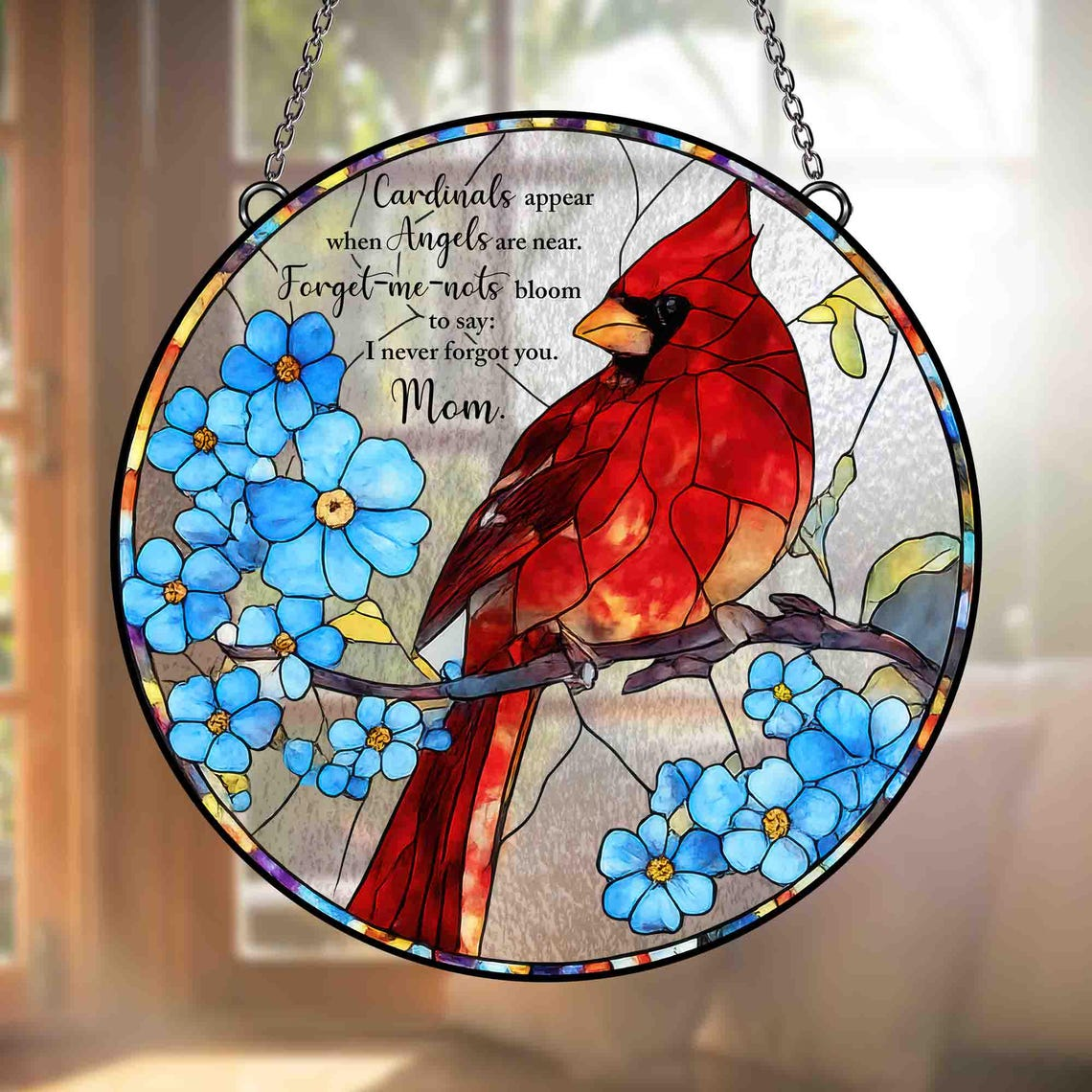 Cardinal Memorial Glass Suncatcher, Mom Memorial Gift, Cardinal Glass Decor, Forget Me Not Window Hanging, Sympathy Gift, Mothers Day Gift
