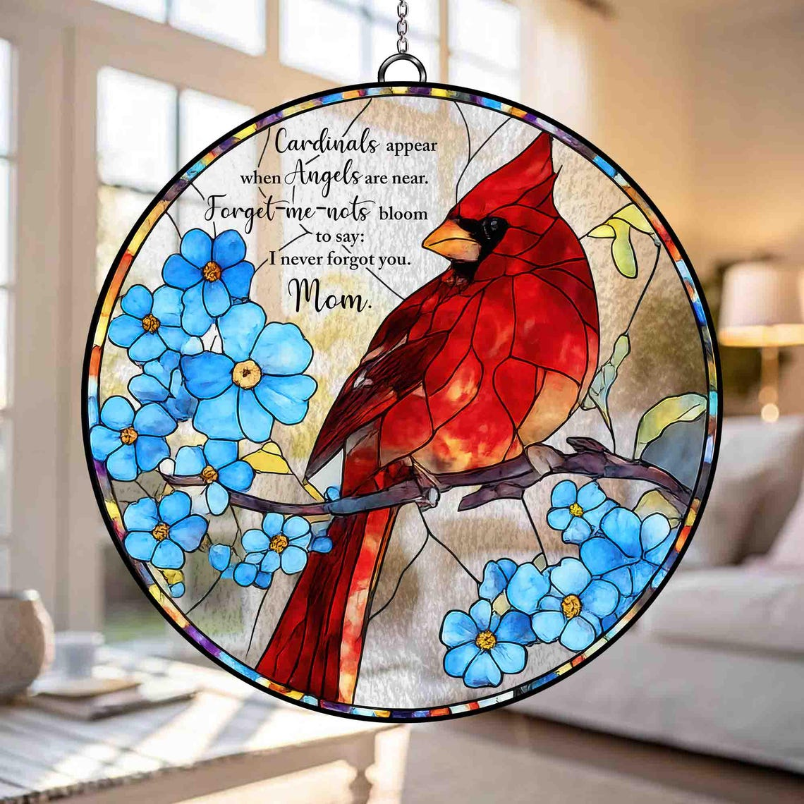 Cardinal Memorial Glass Suncatcher, Mom Memorial Gift, Cardinal Glass Decor, Forget Me Not Window Hanging, Sympathy Gift, Mothers Day Gift