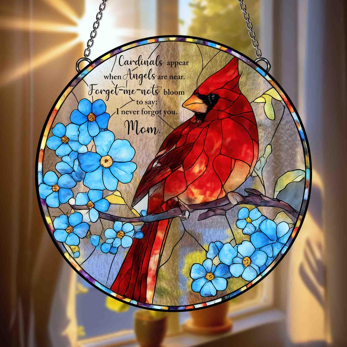 Cardinal Memorial Glass Suncatcher, Mom Memorial Gift, Cardinal Glass Decor, Forget Me Not Window Hanging, Sympathy Gift, Mothers Day Gift