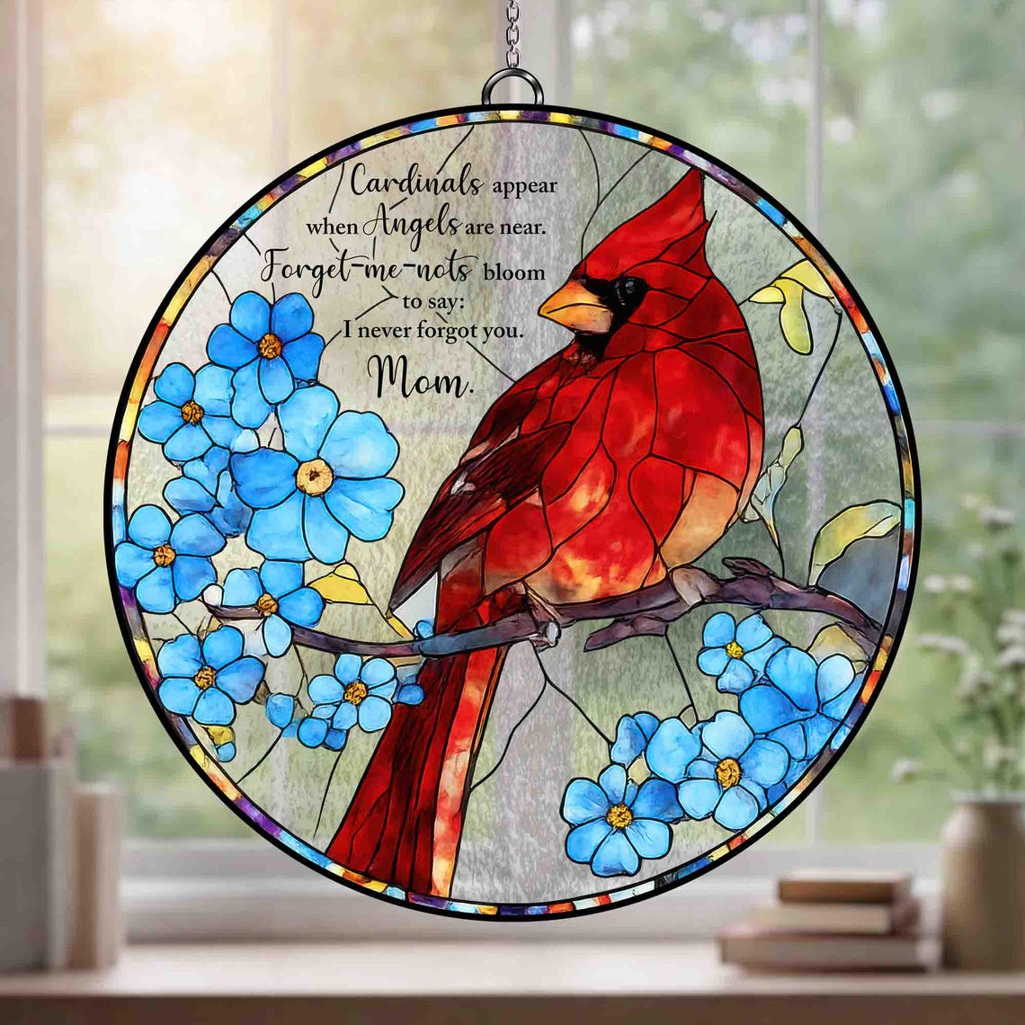 Cardinal Memorial Glass Suncatcher, Mom Memorial Gift, Cardinal Glass Decor, Forget Me Not Window Hanging, Sympathy Gift, Mothers Day Gift