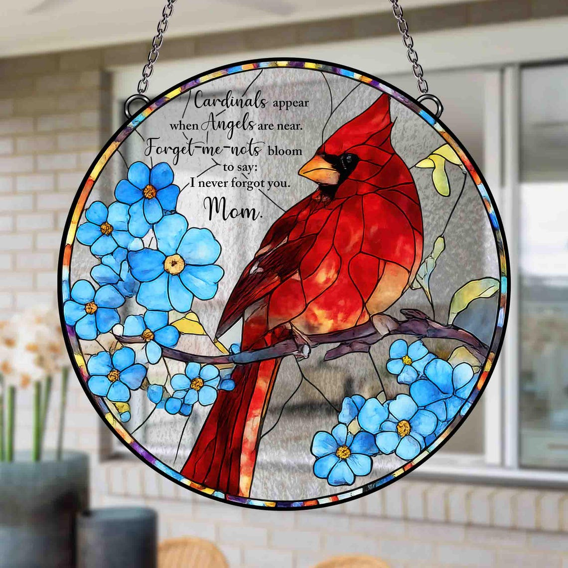 Cardinal Memorial Glass Suncatcher, Mom Memorial Gift, Cardinal Glass Decor, Forget Me Not Window Hanging, Sympathy Gift, Mothers Day Gift