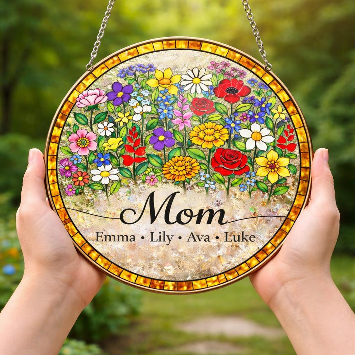 Personalized Mother's Day Stained Glass Flower Garden Suncatcher, Window Hanging Decor
