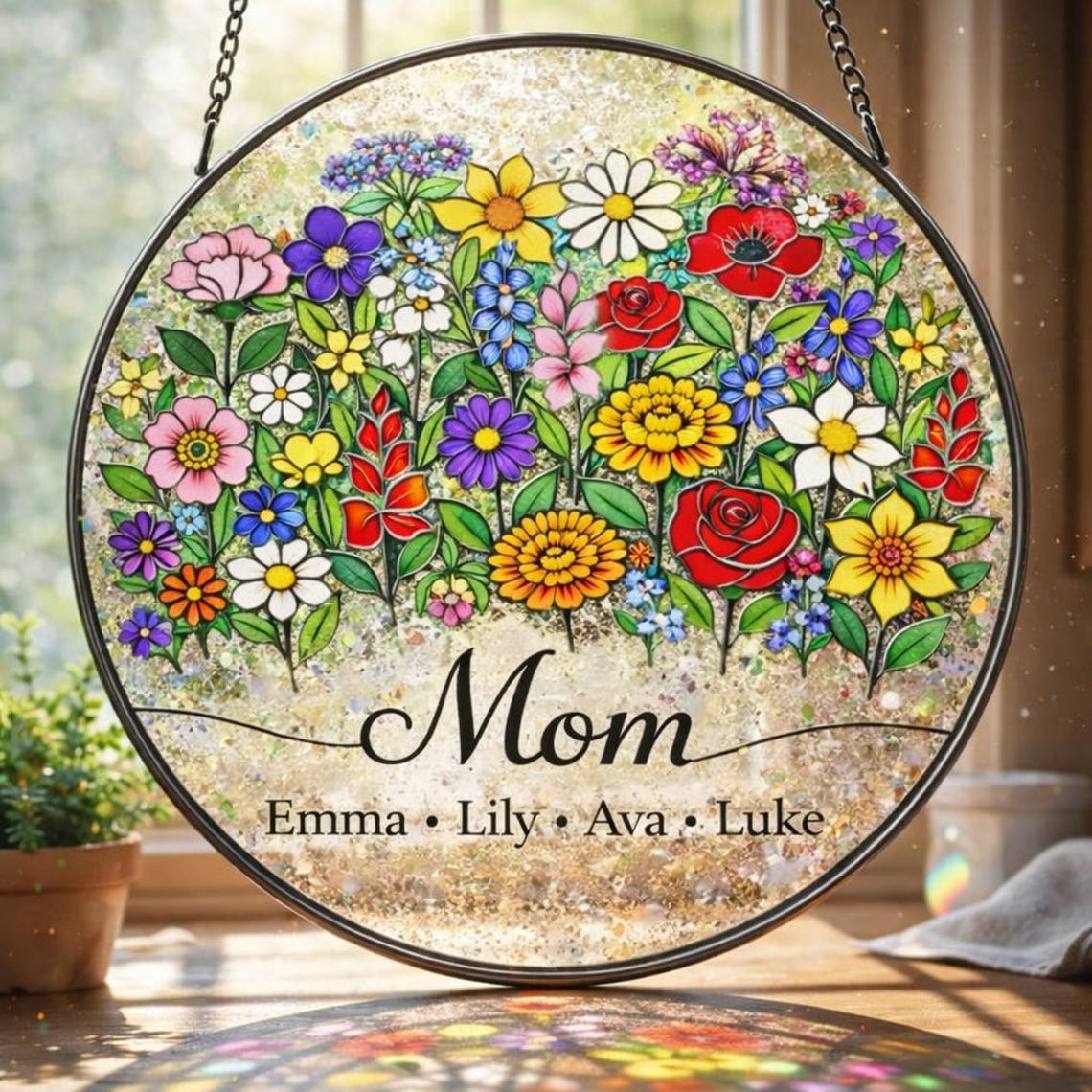 Personalized Mother's Day Stained Glass Flower Garden Suncatcher, Window Hanging Decor