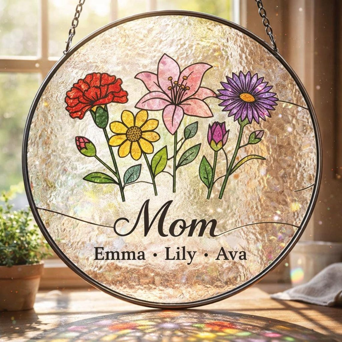 Personalized Mother's Day Stained Glass Flower Garden Suncatcher, Window Hanging Decor
