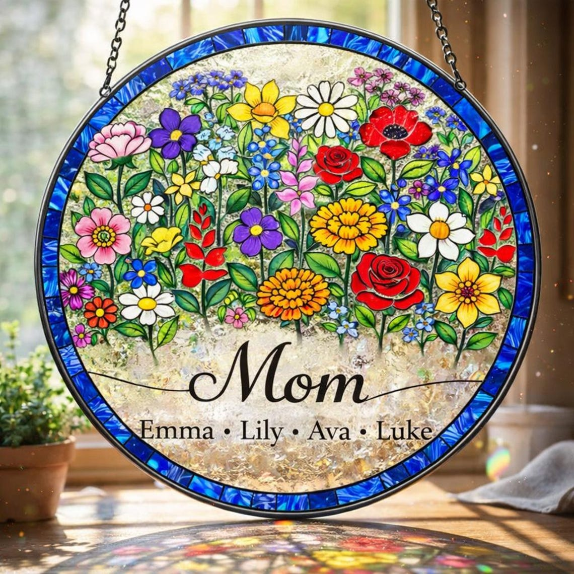 Personalized Mother's Day Stained Glass Flower Garden Suncatcher, Window Hanging Decor