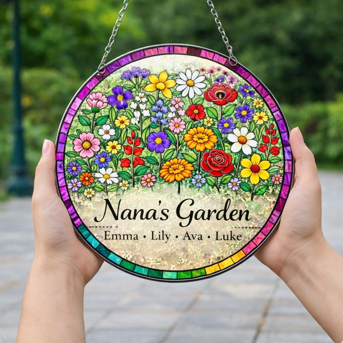Personalized Mother's Day Stained Glass Flower Garden Suncatcher, Window Hanging Decor