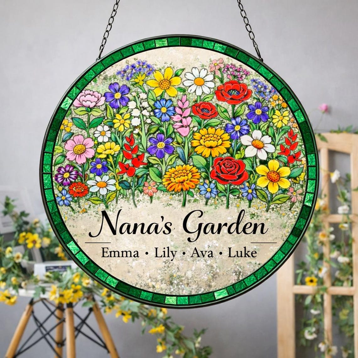 Personalized Mother's Day Stained Glass Flower Garden Suncatcher, Window Hanging Decor