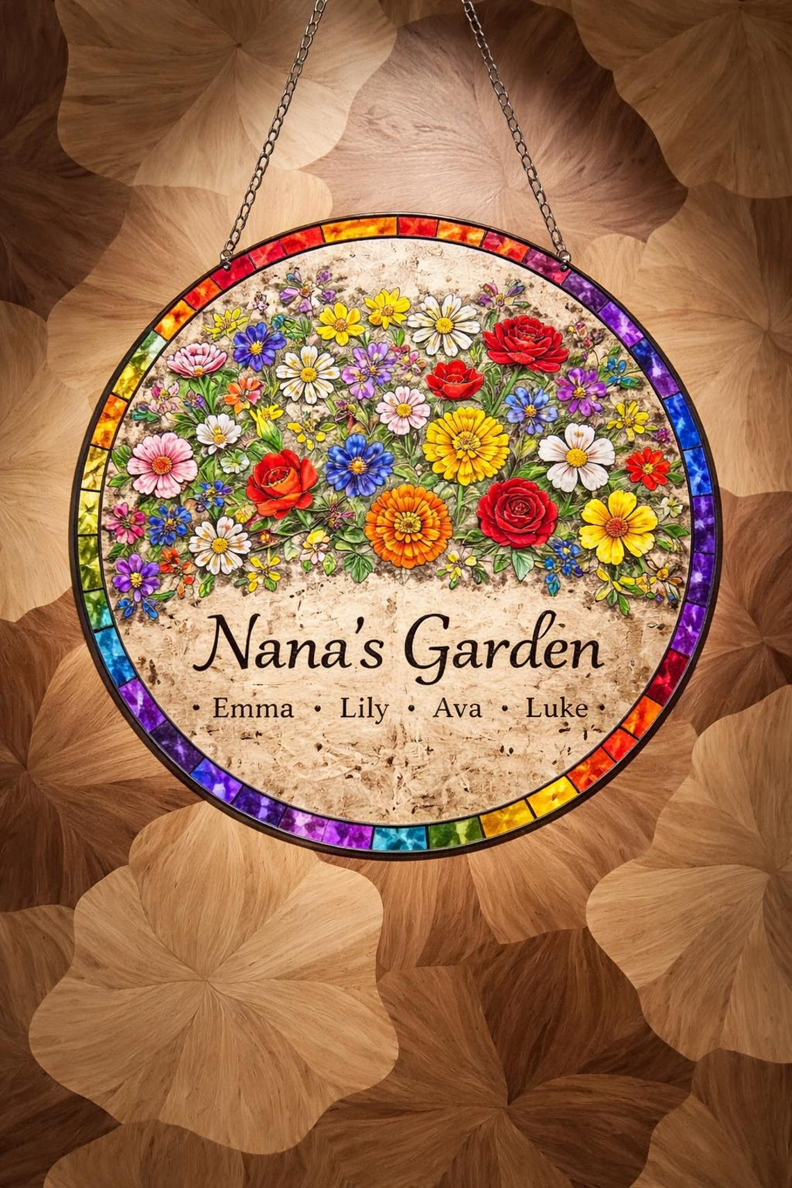 Personalized Mother's Day Stained Glass Flower Garden Suncatcher, Window Hanging Decor