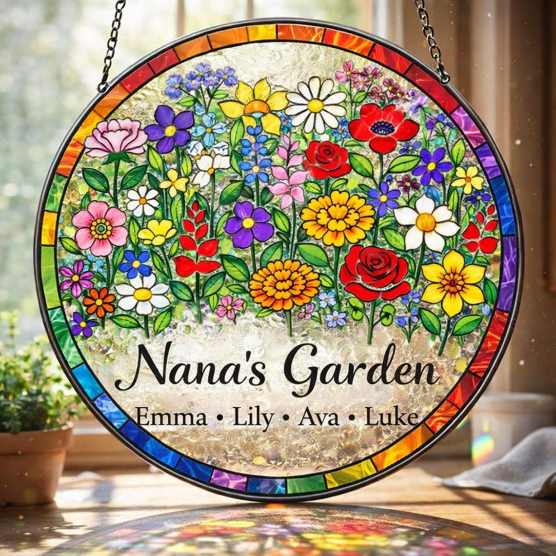 Personalized Mother's Day Stained Glass Flower Garden Suncatcher, Window Hanging Decor