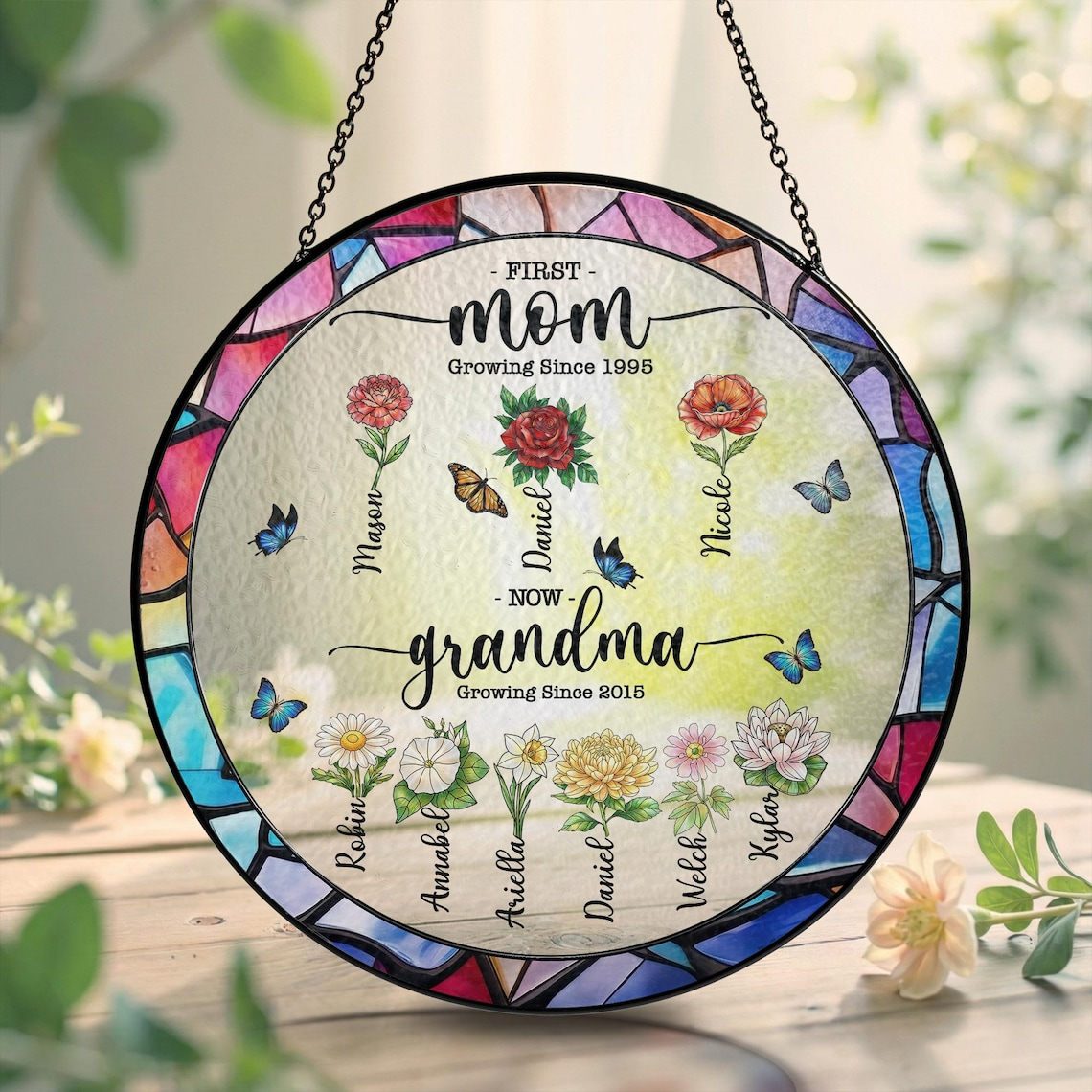 Personalized First Mom Now Grandma Stained Glass Suncatcher, Mother’s Day Gift, Custom Birth Flower Family Window Decor